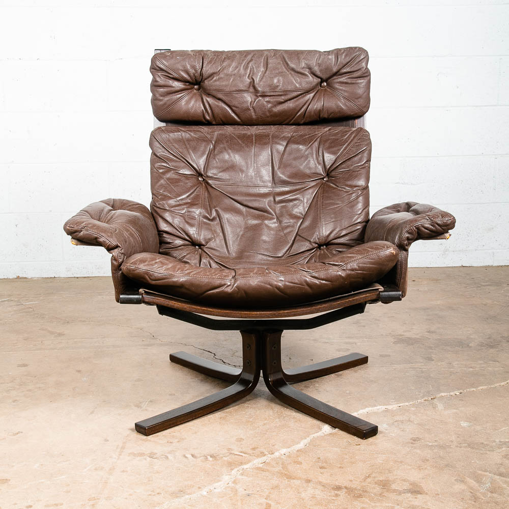 Mid Century Danish Modern Lounge Chair Brown Leather Swivel Tufted Armchair VG - Image 10