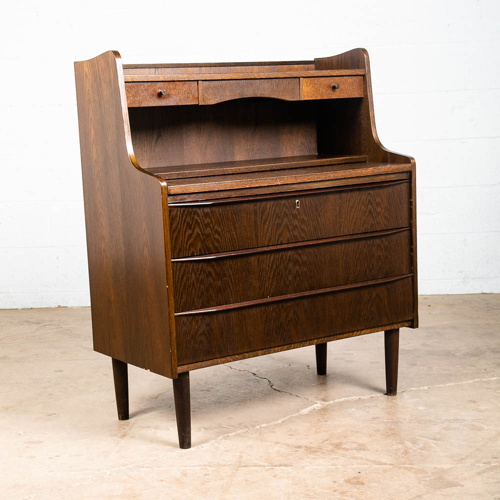Mid Century Danish Modern Secretary Desk Ebonized Oak Black Mirror Vanity Chest - Image 3