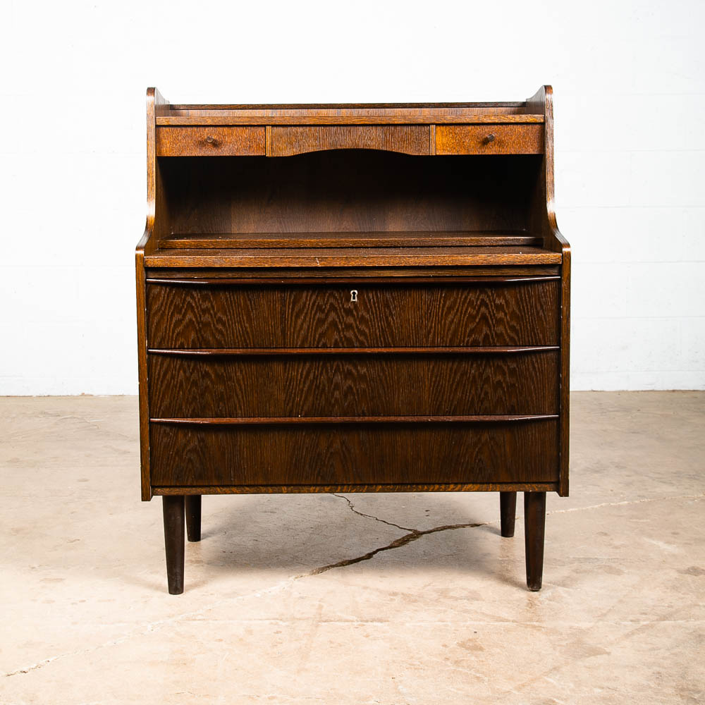 Mid Century Danish Modern Secretary Desk Ebonized Oak Black Mirror Vanity Chest - Image 2