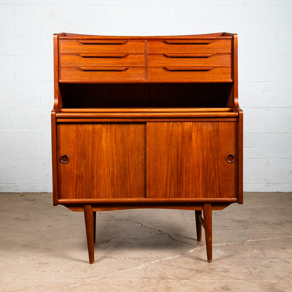 Mid Century Danish Modern Secretary Desk Teak 6 Drawer Draw Desk Denmark Shelf - Image 2