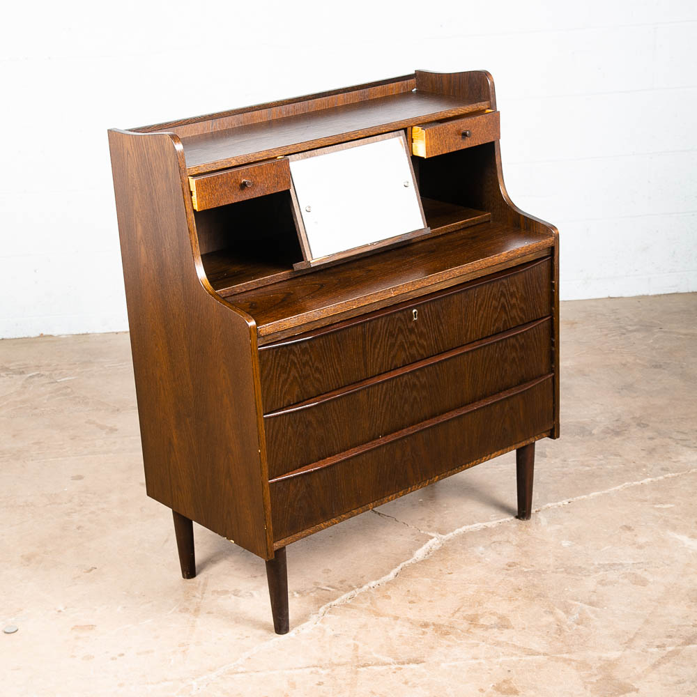 Mid Century Danish Modern Secretary Desk Ebonized Oak Black Mirror Vanity Chest - Image 6