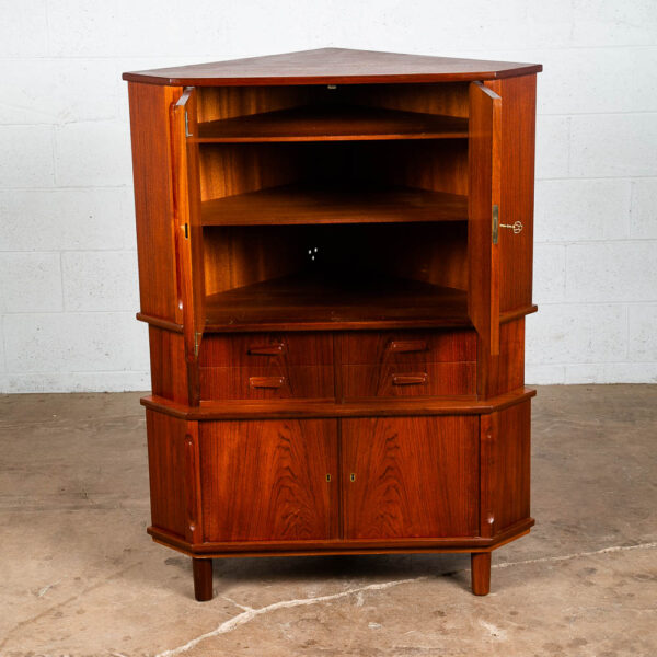 Mid Century Danish Modern Corner Cabinet Teak Wood Bar Denmark Drawers Locking - Image 5