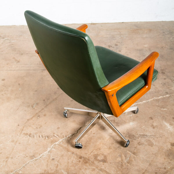 Mid Century Modern Executive Chair Green Leather Office Work Swivel Hong Teak - Image 5