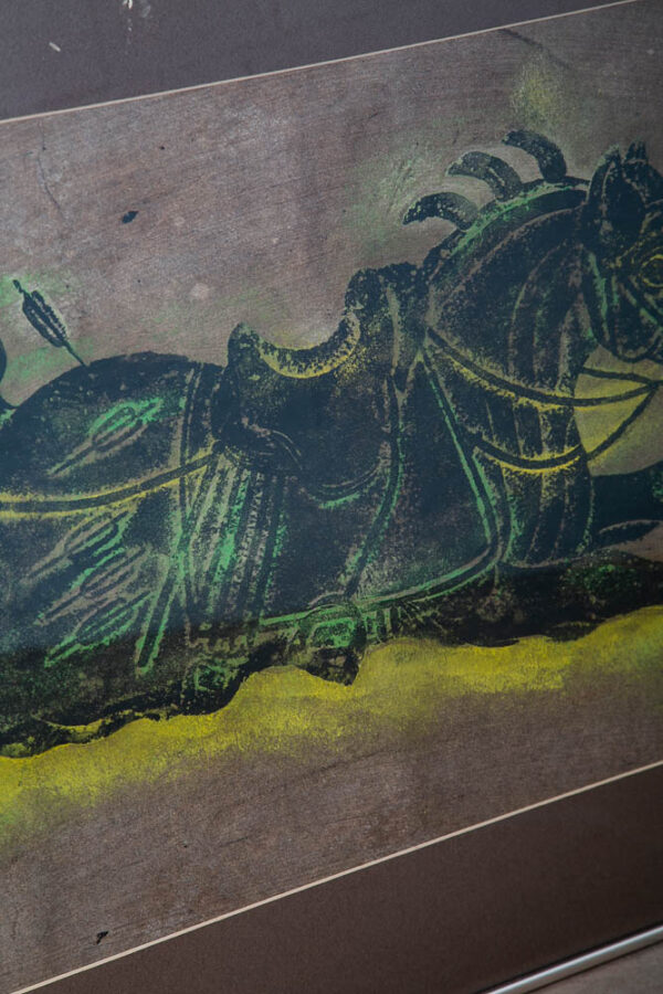 Mid Century Modern Art Charcoal Pencil Horse Green Black Yellow Framed Glass Mcm - Image 10