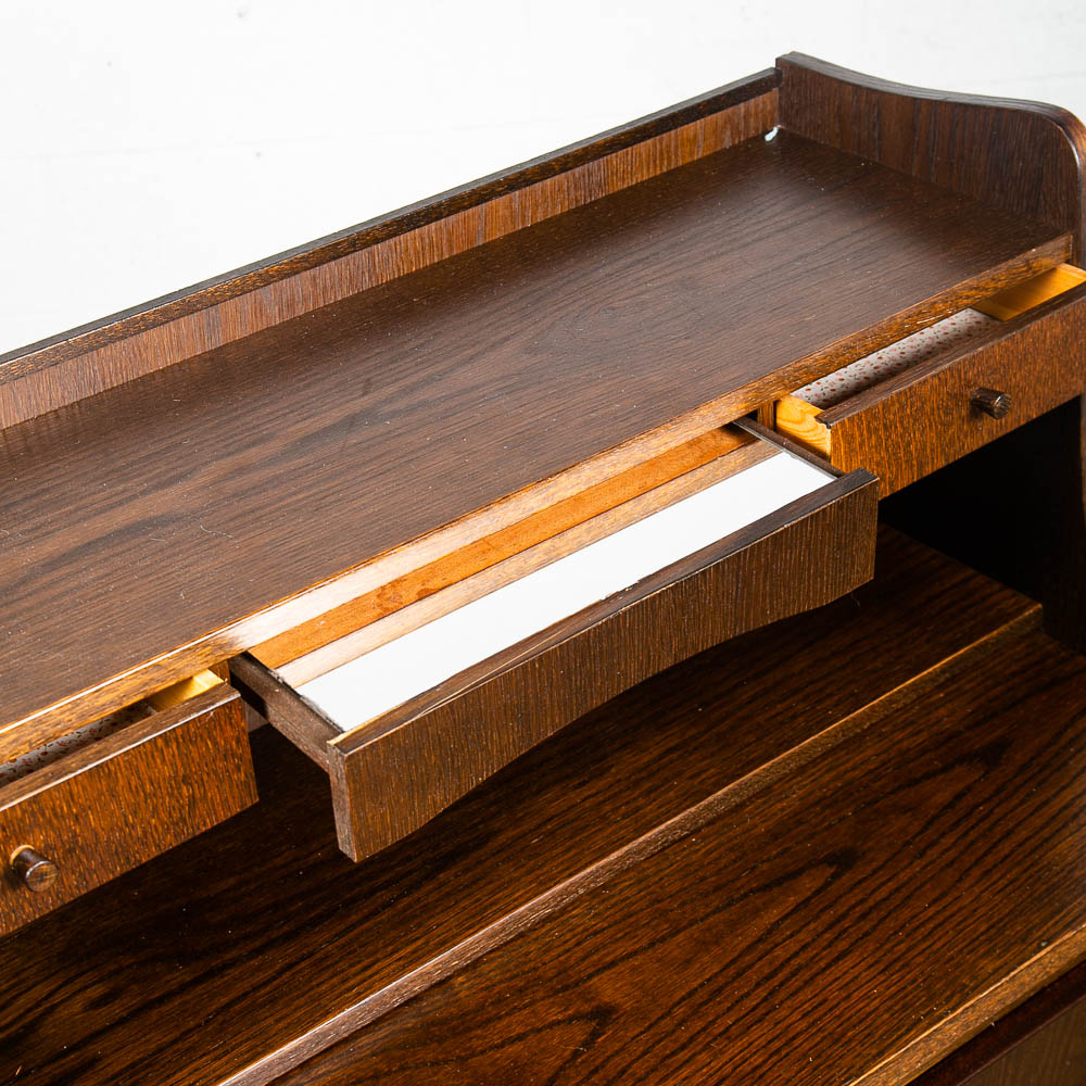 Mid Century Danish Modern Secretary Desk Ebonized Oak Black Mirror Vanity Chest - Image 8