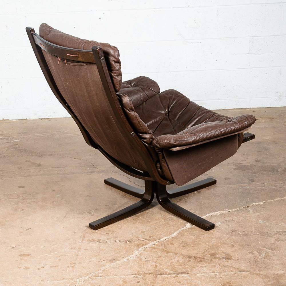 Mid Century Danish Modern Lounge Chair Brown Leather Swivel Tufted Armchair VG - Image 5