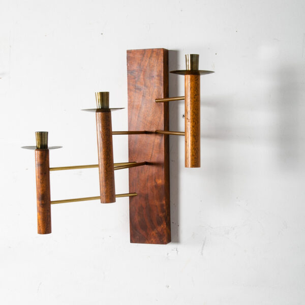 Mid Century Modern Wall Sconce Lamp Set Pair Brass Gold Walnut Candle Candelabra - Image 7