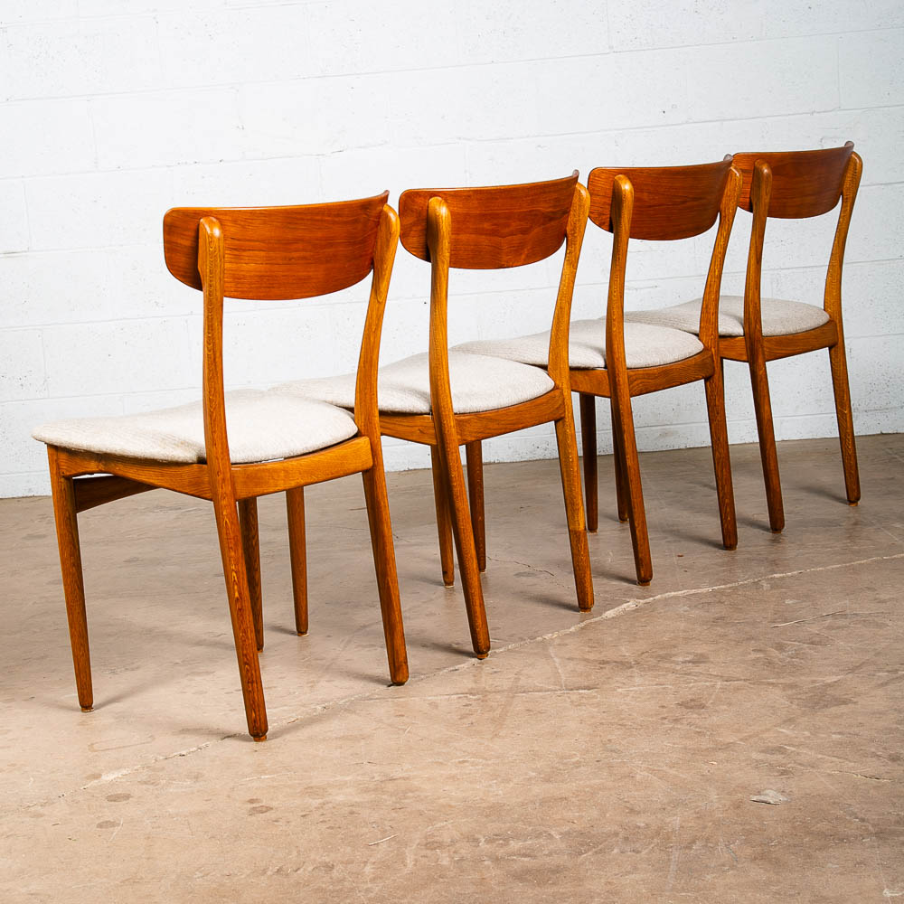 Mid Century Danish Modern Dining Chairs Set 4 Cream Off White Fabric Oak Teak NM - Image 7