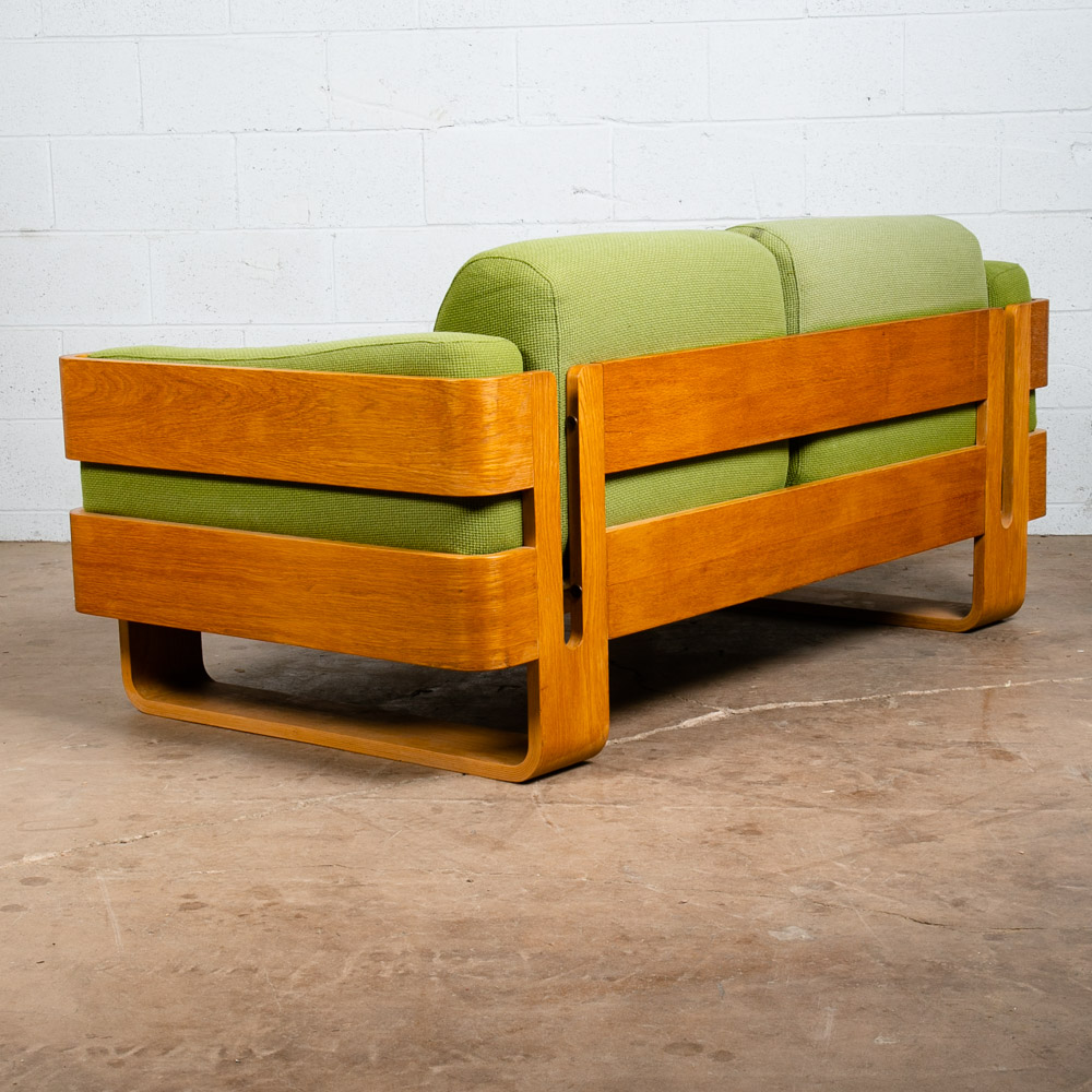 Mid Century Danish Modern Couch Sofa Cased Oak Green Loveseat Settee 2 Seat Wool - Image 4
