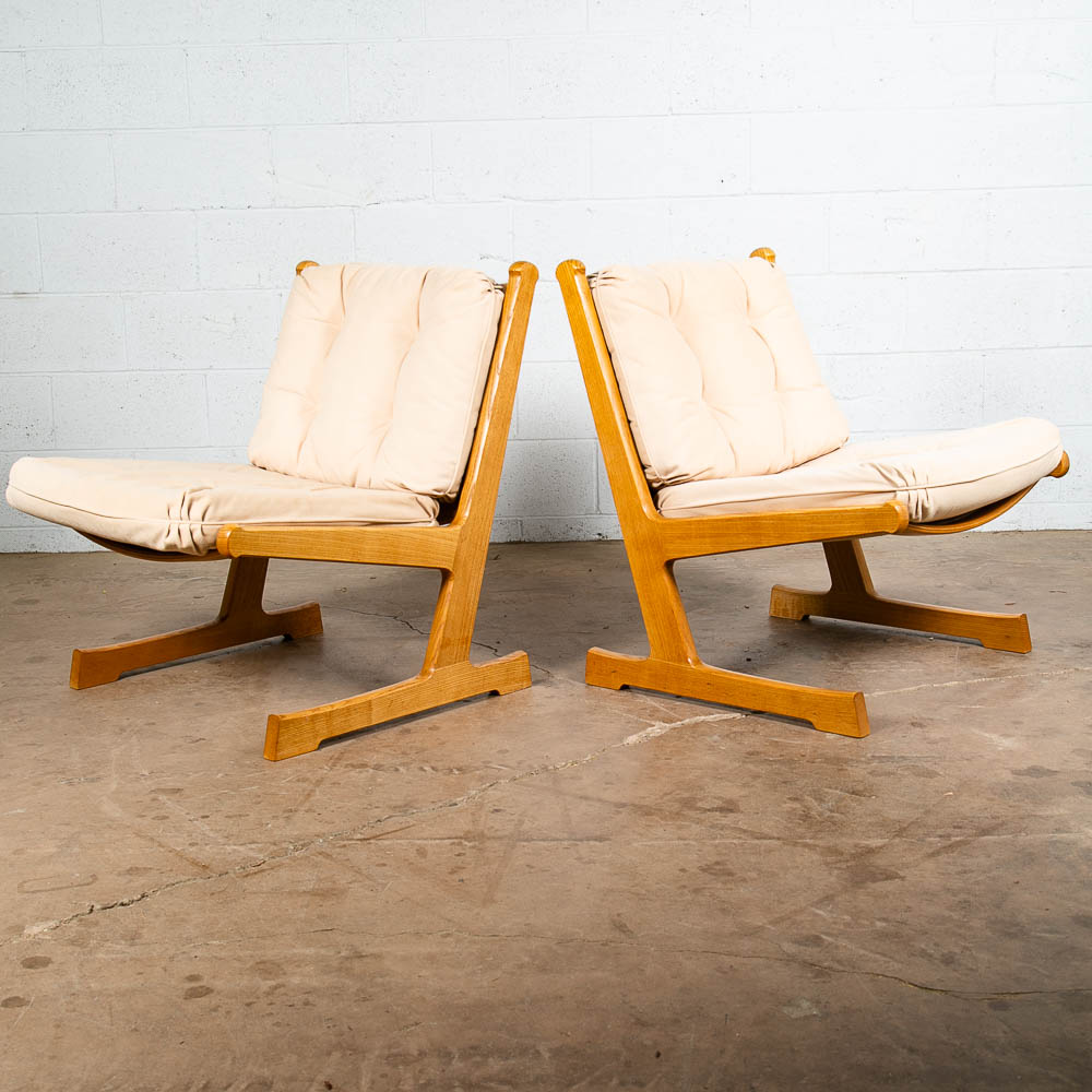 Mid Century Danish Modern Lounge Chairs Pair France Son Oak Adrian Heath White 2
