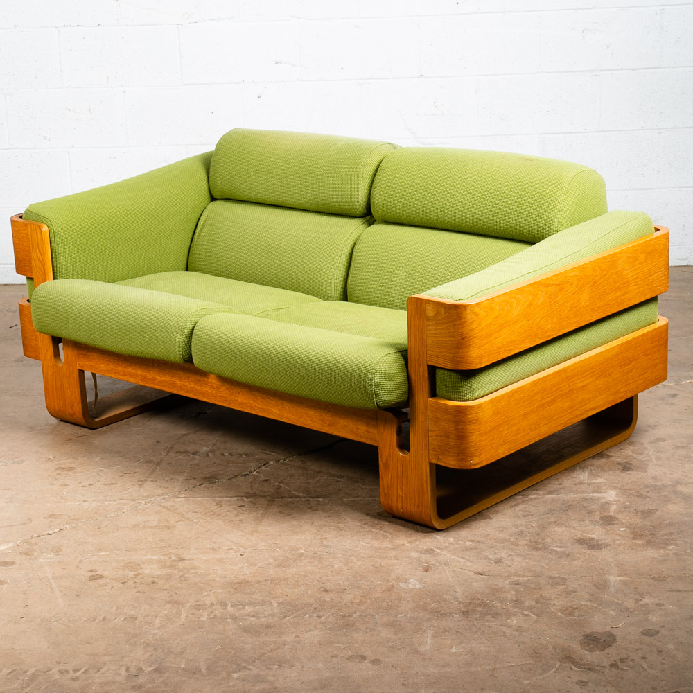 Mid Century Danish Modern Couch Sofa Cased Oak Green Loveseat Settee 2 Seat Wool - Image 3
