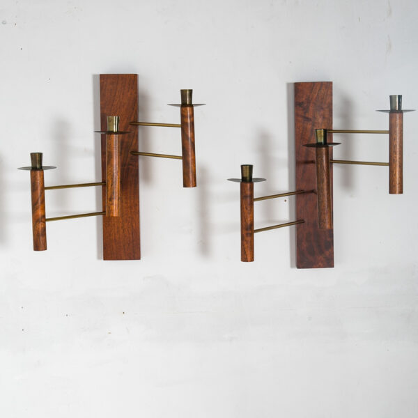 Mid Century Modern Wall Sconce Lamp Set Pair Brass Gold Walnut Candle Candelabra - Image 3