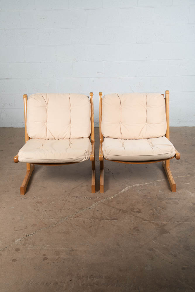 Mid Century Danish Modern Lounge Chairs Pair France Son Oak Adrian Heath White 2 - Image 9