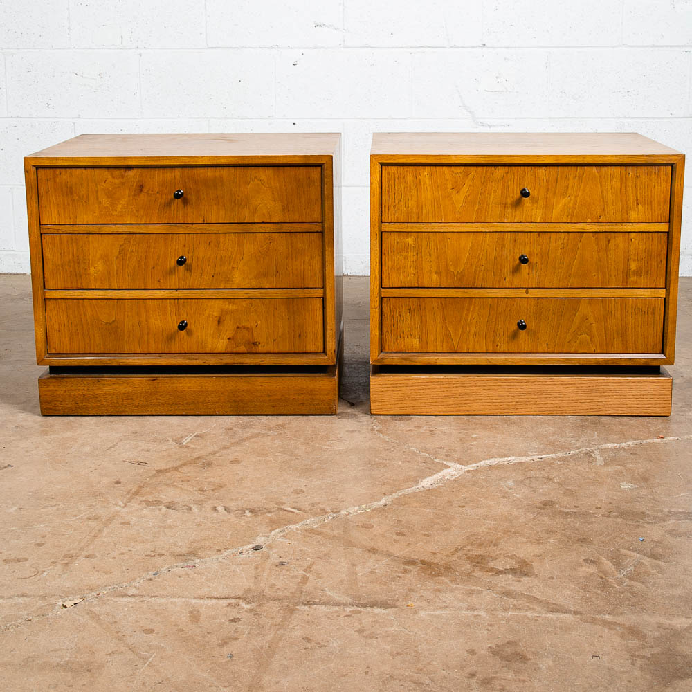 Mid Century Modern Nightstands End Side Table 3 Drawer Walnut Drexel Index Pair - Image 2