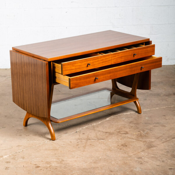 Mid Century Modern Serving Bar Cart Rway Drawers Cabinet Drop Leafs Wood Glass - Image 5