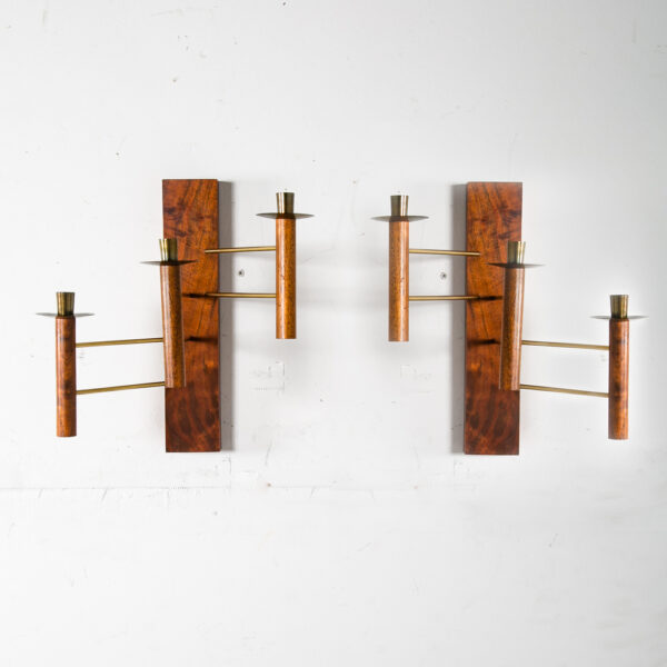 Mid Century Modern Wall Sconce Lamp Set Pair Brass Gold Walnut Candle Candelabra