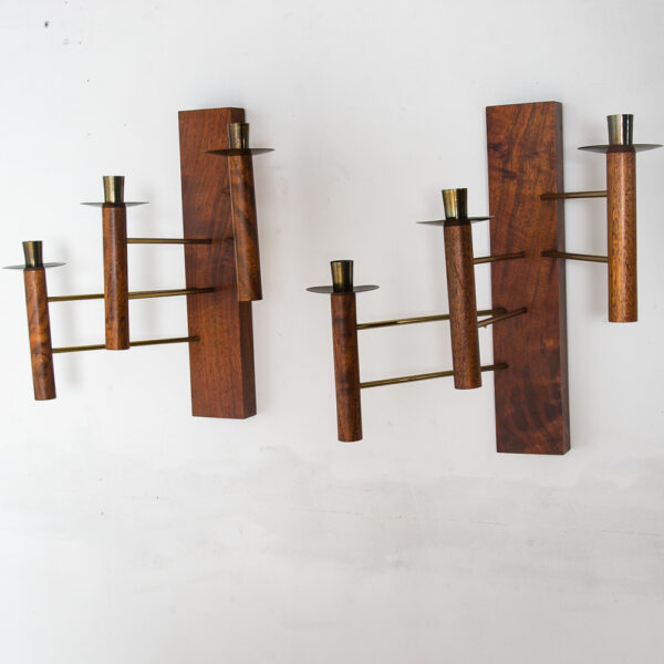 Mid Century Modern Wall Sconce Lamp Set Pair Brass Gold Walnut Candle Candelabra - Image 2
