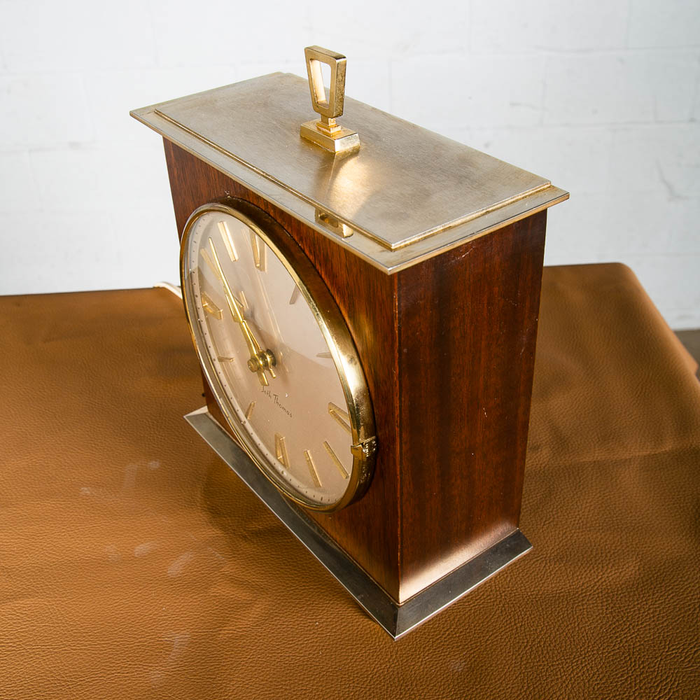Mid Century Modern Clock Mantle Brass Wood Case Seth Thomas Electric Working VG - Image 3