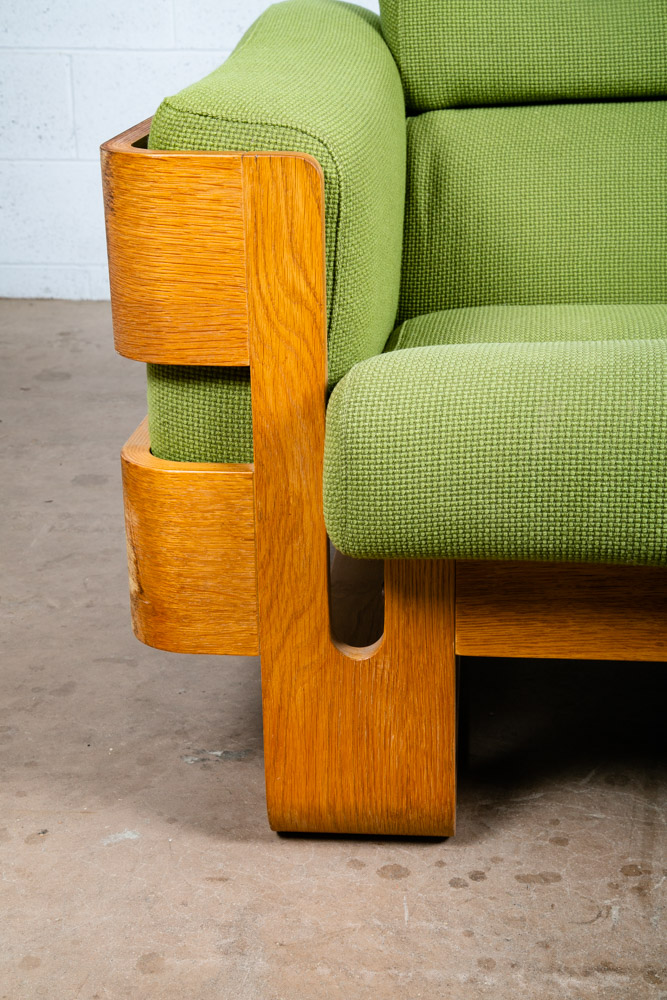 Mid Century Danish Modern Couch Sofa Cased Oak Green Loveseat Settee 2 Seat Wool - Image 9