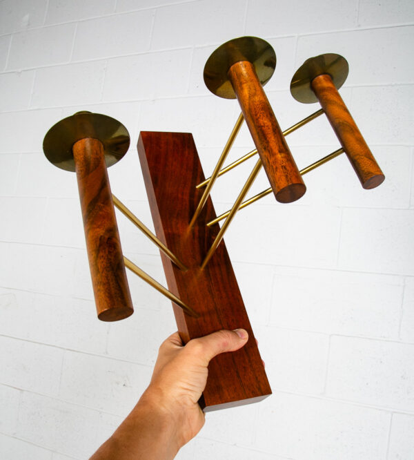 Mid Century Modern Wall Sconce Lamp Set Pair Brass Gold Walnut Candle Candelabra - Image 4