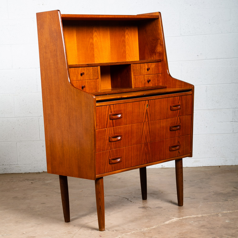 Mid Century Modern Secretary Desk Teak 7 Drawers Vanity Denmark Sliding Surface