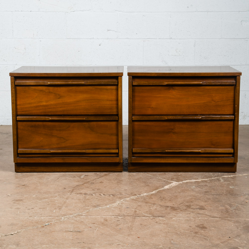 Mid Century Modern Nightstand Set Pair End Table 2 Drawer Walnut Mcm Vintage Two - Image 2