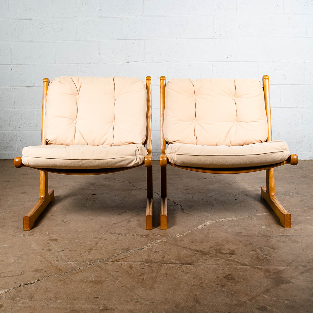 Mid Century Danish Modern Lounge Chairs Pair France Son Oak Adrian Heath White 2 - Image 4