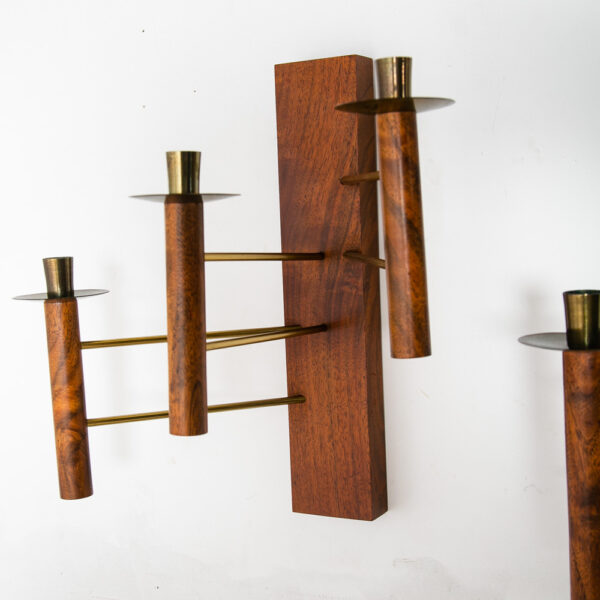 Mid Century Modern Wall Sconce Lamp Set Pair Brass Gold Walnut Candle Candelabra - Image 10