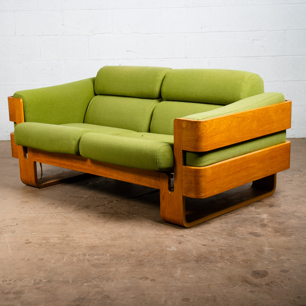 Mid Century Danish Modern Couch Sofa Cased Oak Green Loveseat Settee 2 Seat Wool