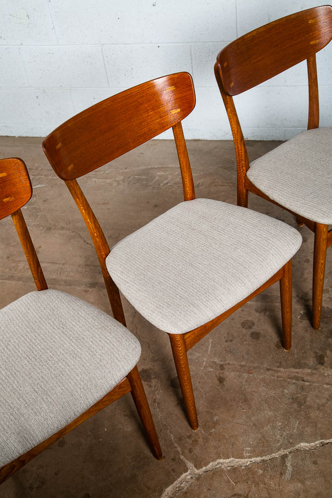 Mid Century Danish Modern Dining Chairs Set 4 Cream Off White Fabric Oak Teak NM - Image 10