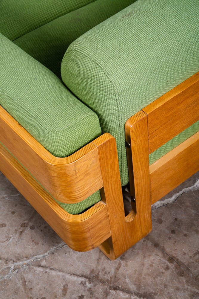 Mid Century Danish Modern Couch Sofa Cased Oak Green Loveseat Settee 2 Seat Wool - Image 11
