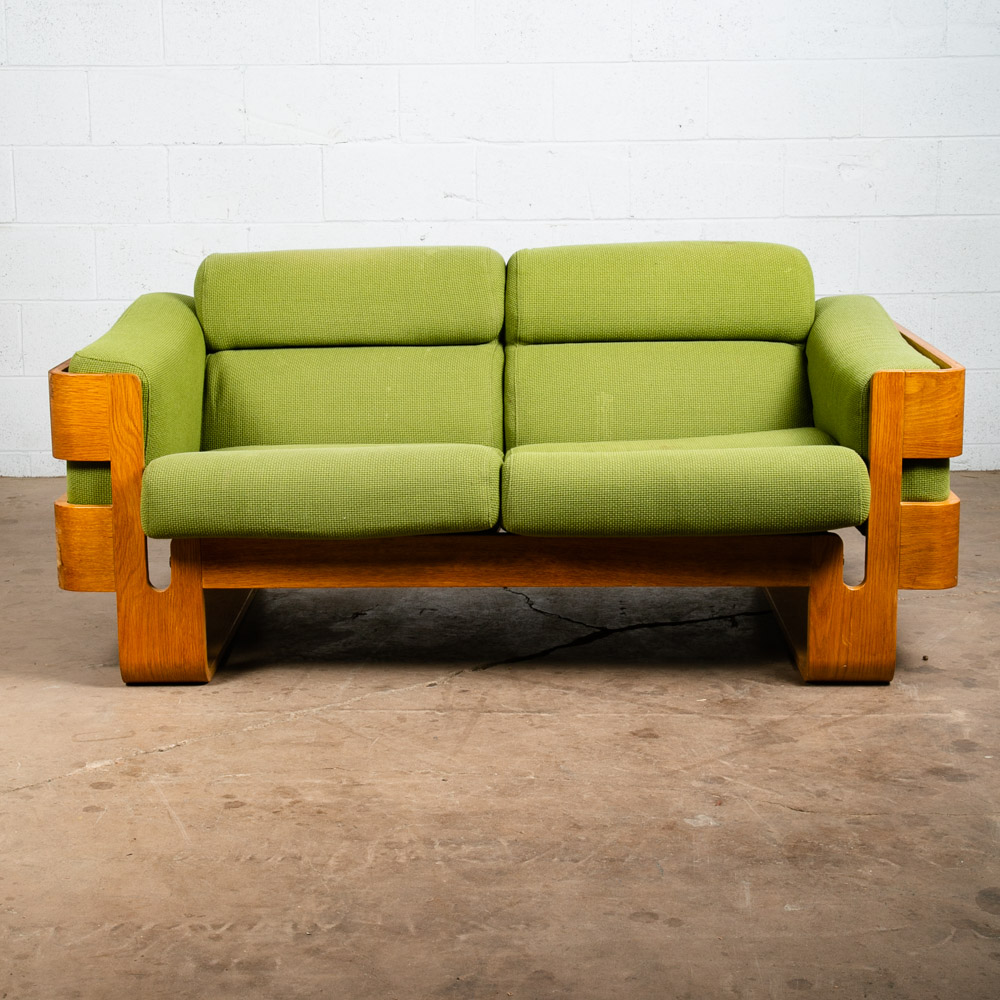 Mid Century Danish Modern Couch Sofa Cased Oak Green Loveseat Settee 2 Seat Wool - Image 2