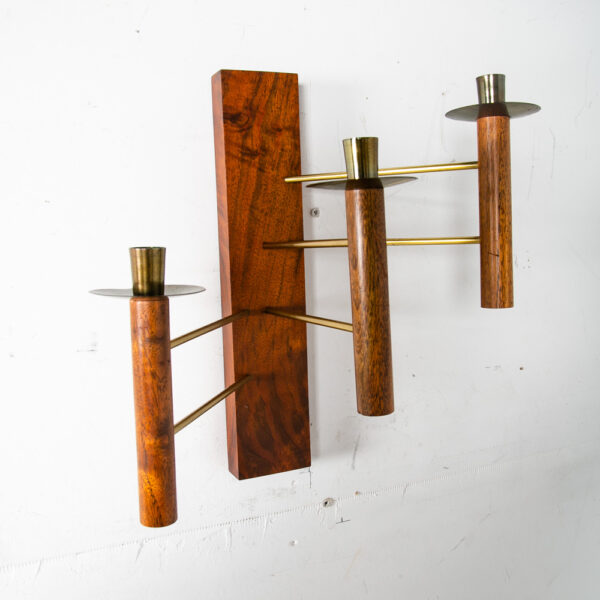 Mid Century Modern Wall Sconce Lamp Set Pair Brass Gold Walnut Candle Candelabra - Image 9