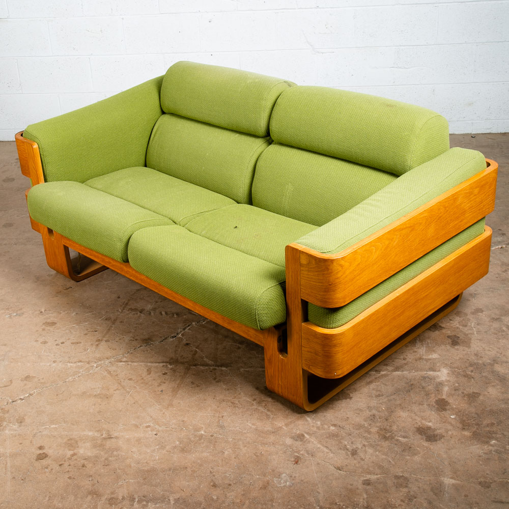 Mid Century Danish Modern Couch Sofa Cased Oak Green Loveseat Settee 2 Seat Wool - Image 10