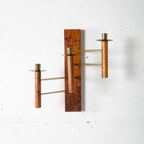 Mid Century Modern Wall Sconce Lamp Set Pair Brass Gold Walnut Candle Candelabra - Image 5
