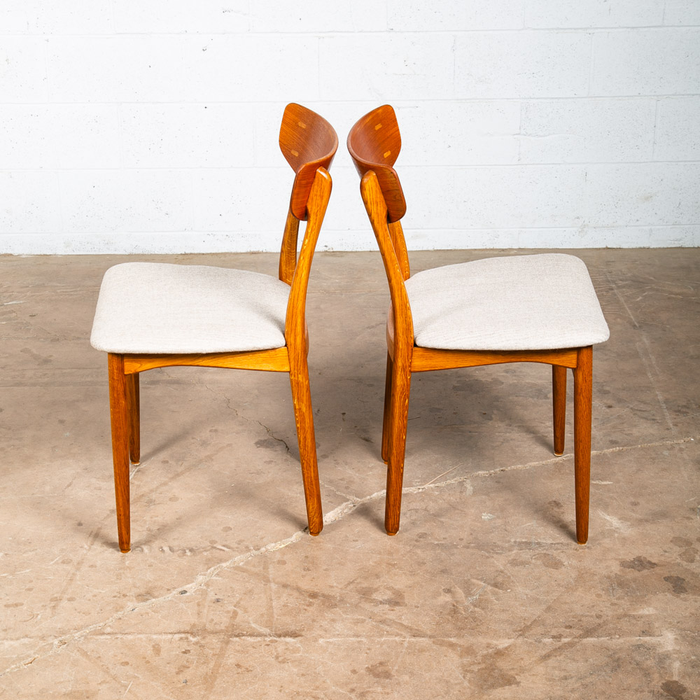 Mid Century Danish Modern Dining Chairs Set 4 Cream Off White Fabric Oak Teak NM - Image 3
