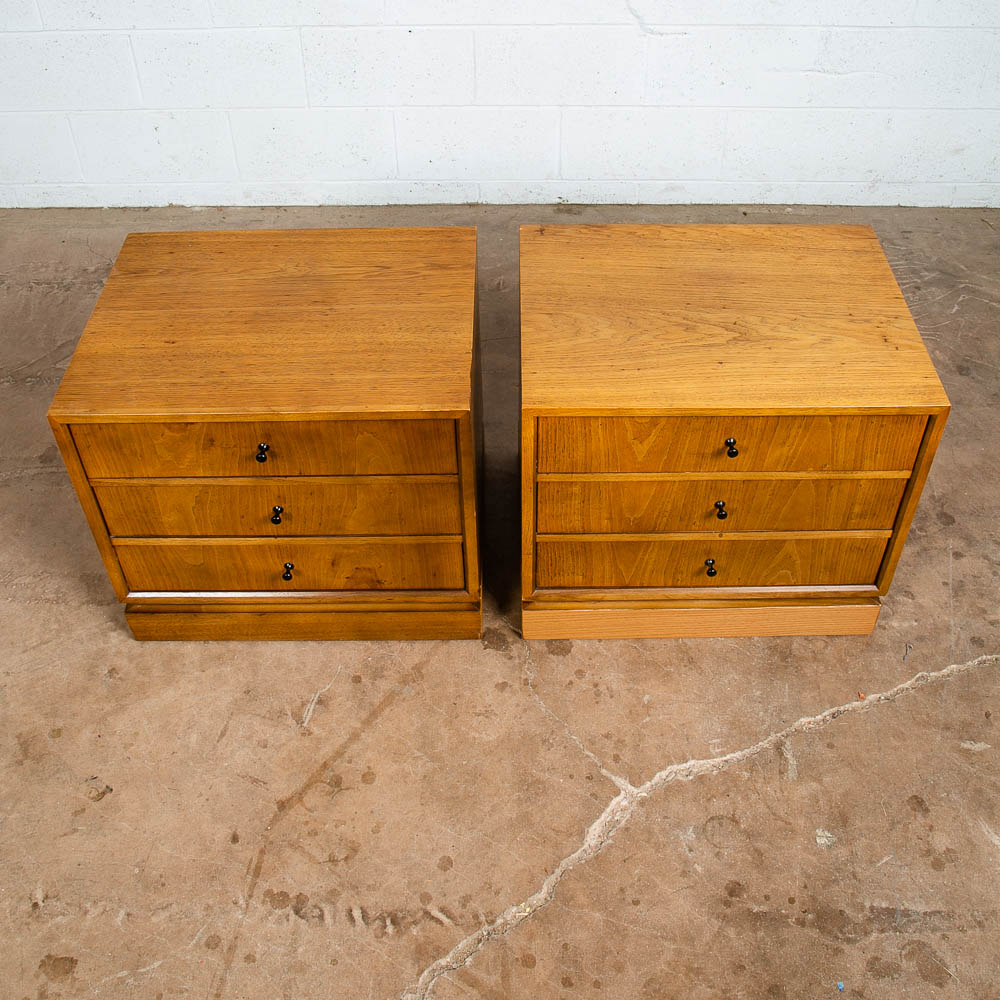 Mid Century Modern Nightstands End Side Table 3 Drawer Walnut Drexel Index Pair - Image 3
