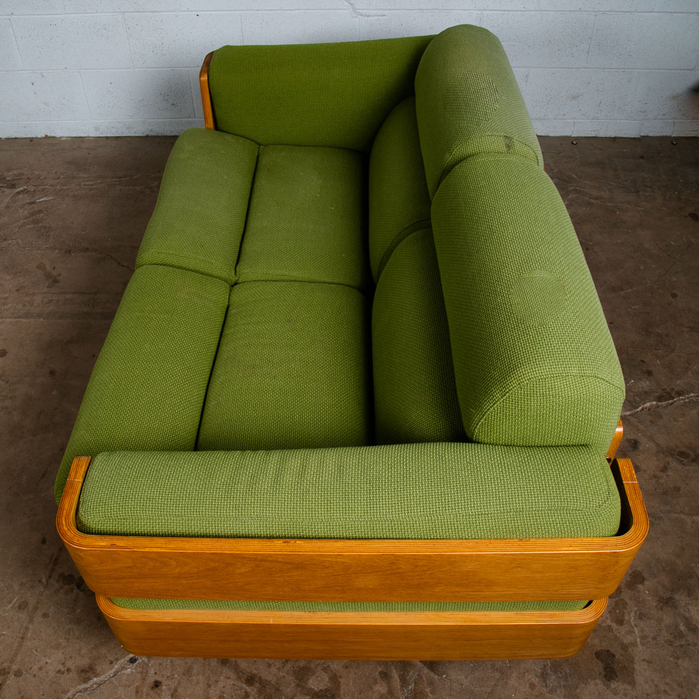 Mid Century Danish Modern Couch Sofa Cased Oak Green Loveseat Settee 2 Seat Wool - Image 6