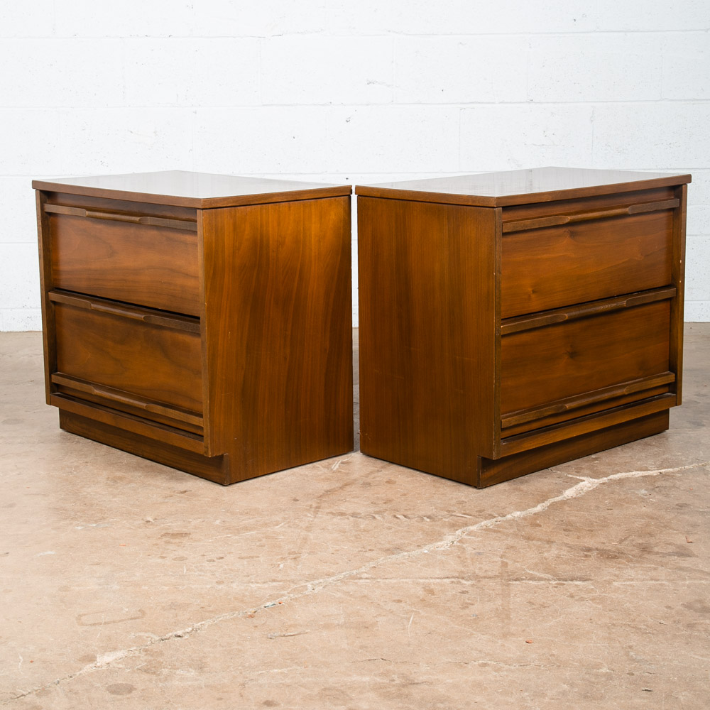 Mid Century Modern Nightstand Set Pair End Table 2 Drawer Walnut Mcm Vintage Two - Image 10