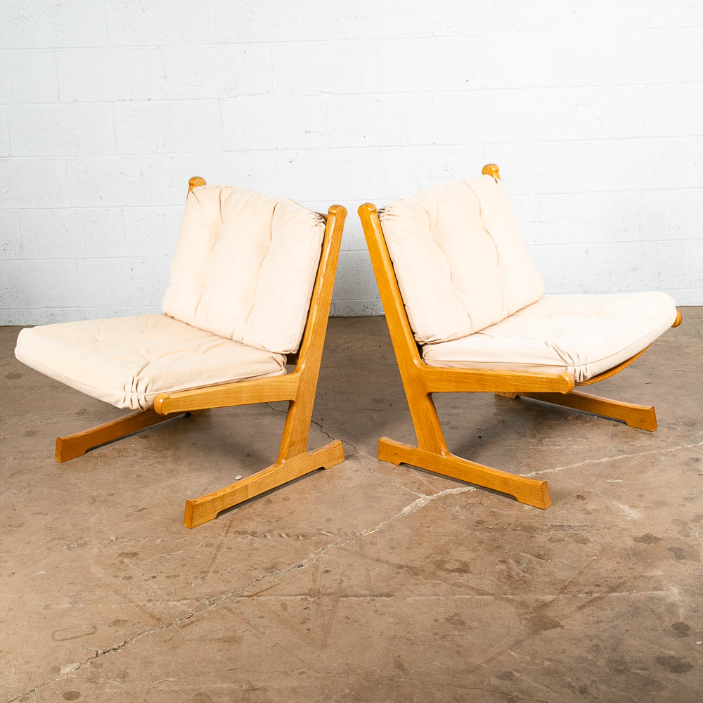 Mid Century Danish Modern Lounge Chairs Pair France Son Oak Adrian Heath White 2 - Image 8