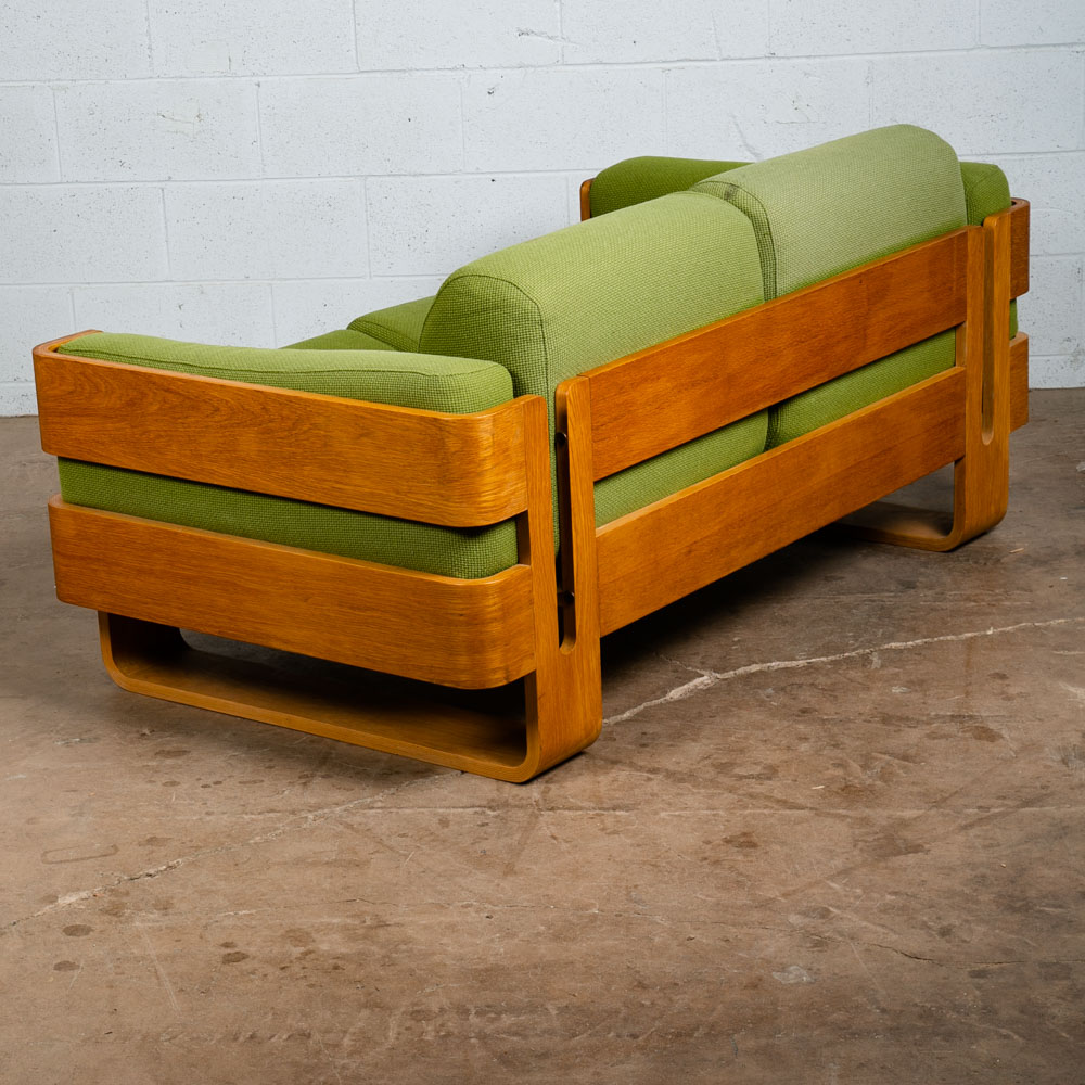 Mid Century Danish Modern Couch Sofa Cased Oak Green Loveseat Settee 2 Seat Wool - Image 5