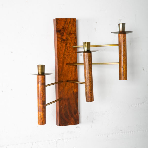 Mid Century Modern Wall Sconce Lamp Set Pair Brass Gold Walnut Candle Candelabra - Image 8