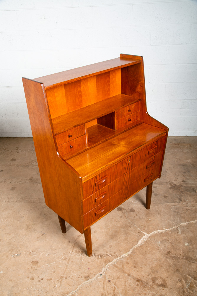 Mid Century Modern Secretary Desk Teak 7 Drawers Vanity Denmark Sliding Surface - Image 9