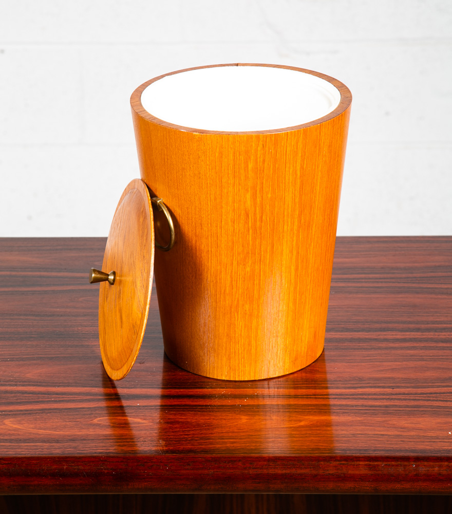 Mid Century Danish Modern Ice Bucket Lidded Teak Rainbow Sweden Liner Round Mcm - Image 3