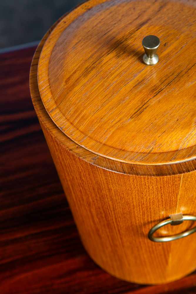 Mid Century Danish Modern Ice Bucket Lidded Teak Rainbow Sweden Liner Round Mcm - Image 9