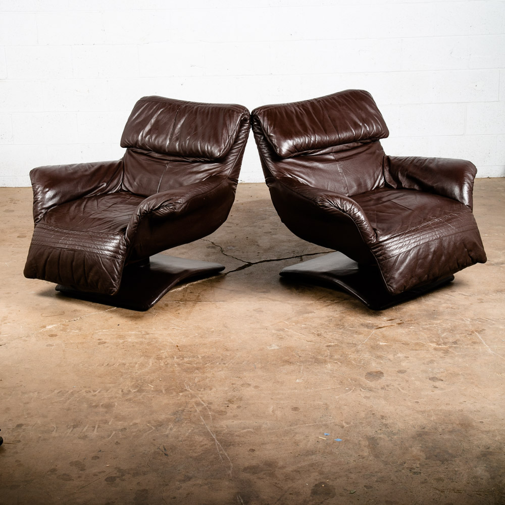 Mid Century Danish Modern Lounge Chair Club Set Swivel Brown Leather Pair Set NM - Image 11