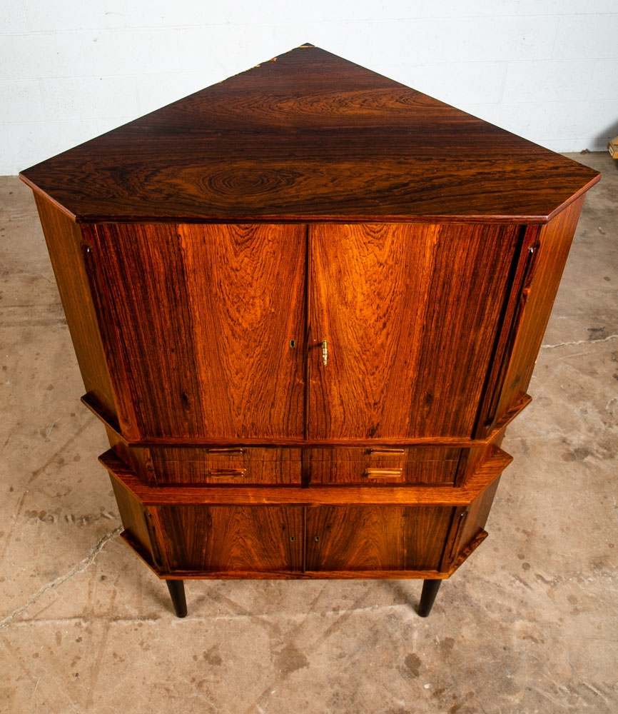 Mid Century Danish Modern Corner Cabinet Rosewood Bar Denmark Drawers Locking VG - Image 2