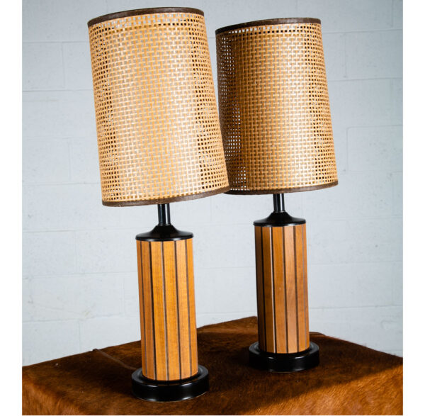 Mid Century Modern Lamp Set Table Light lighting Gruvwood Walnut Cane Shade Pair