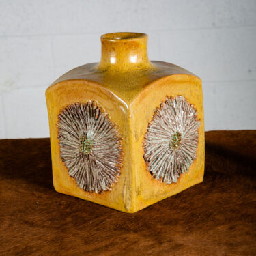 Mid Century Modern Vase Pot Square Floral Yellow Studio Ceramic Signed Ikebana
