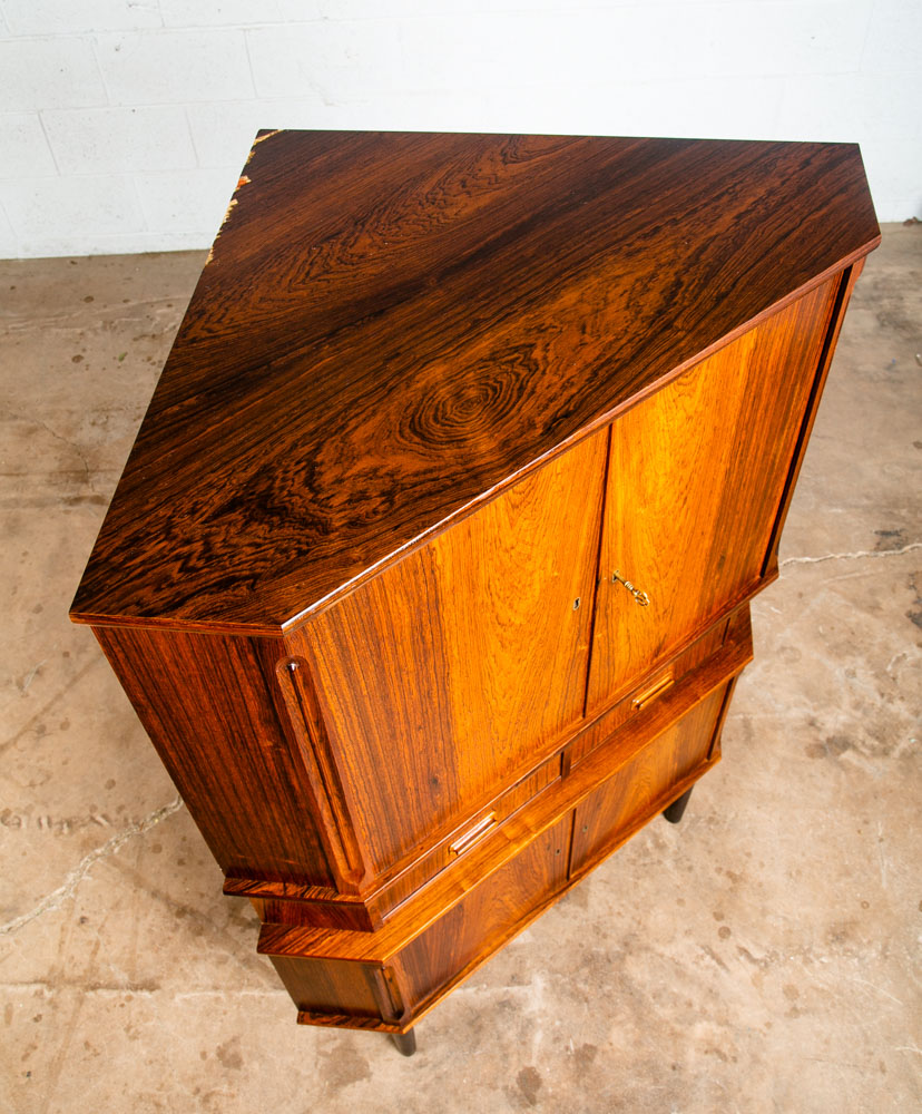 Mid Century Danish Modern Corner Cabinet Rosewood Bar Denmark Drawers Locking VG - Image 12